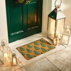 Festive Christmas Trees Natural Coir Doormat